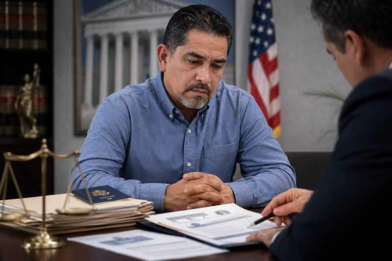 immigrant man reviewing legal documents during a crimmigration consultation in the United States
