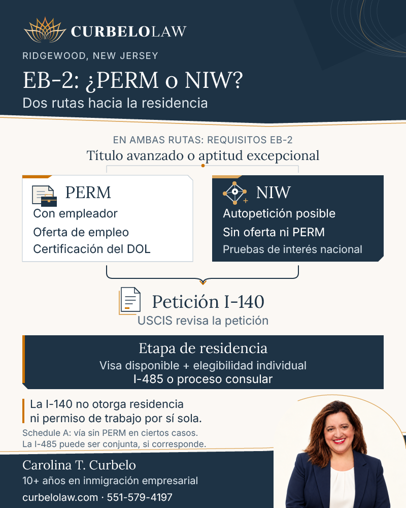 Rutas EB-2 con patrocinio y PERM o autopetición NIW, y etapas para obtener la residencia.