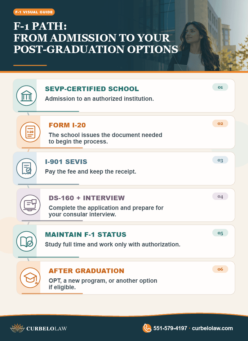 F-1 student visa path from school admission through post-graduation options