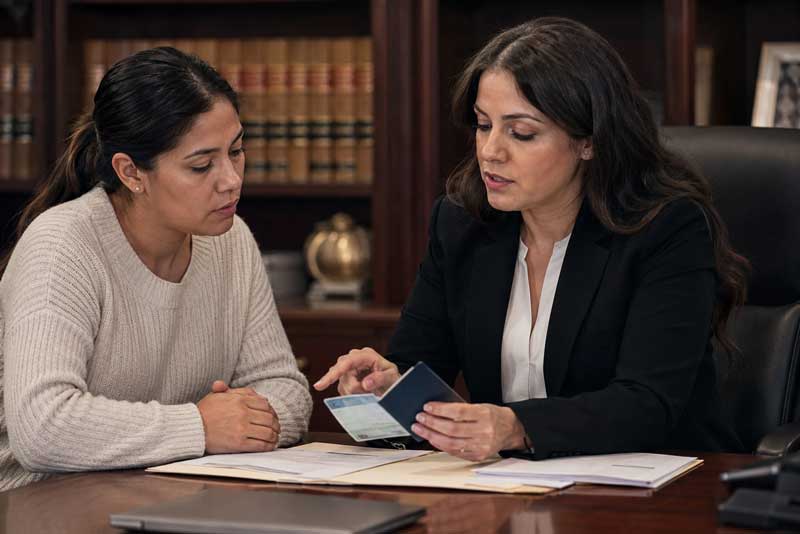 Attorney reviewing a work permit and an immigrant’s immigration situation.