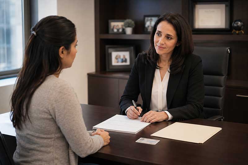 Abogada de inmigración orientando a una mujer sobre divorcio y Green Card