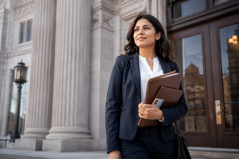 Woman leaving a legal building after protecting her immigration status following divorce
