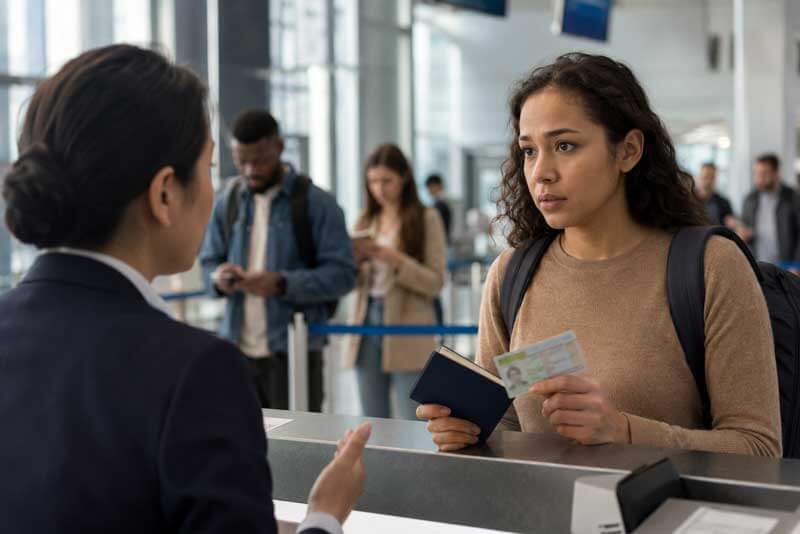 Woman at an airport showing a passport and permanent resident card during a travel inspection
