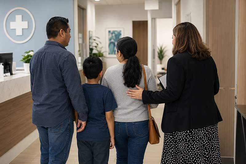 Abogada acompañando a una familia inmigrante en un centro médico