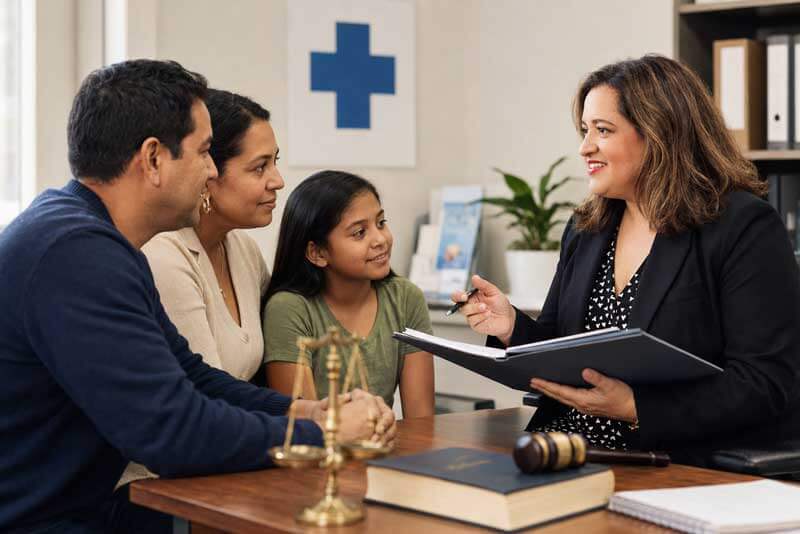 Abogada asesorando a una familia inmigrante sobre acceso al seguro médico