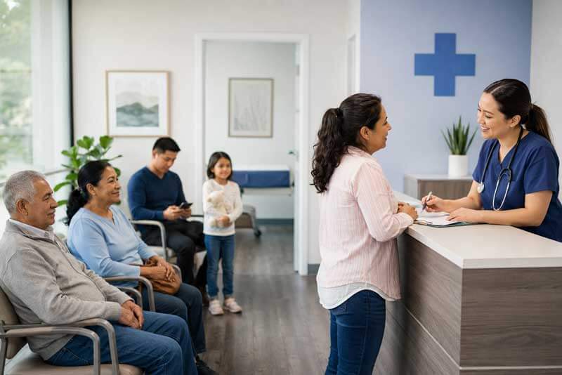 Personas inmigrantes recibiendo atención en la recepción de un centro médico