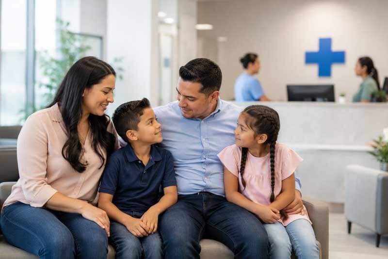 Immigrant family waiting for medical care at a clinic in the United States