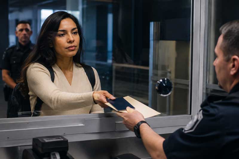 Woman presents her documents at an immigration checkpoint before traveling with advance parole