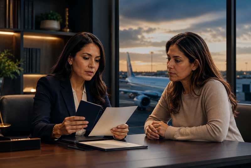 Immigration lawyer reviews documents with a traveler before an advance parole trip