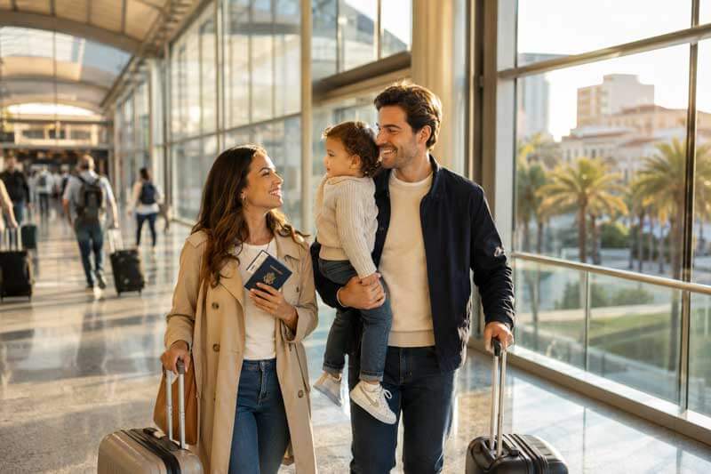 Familia viajando a España desde Estados Unidos con residencia americana