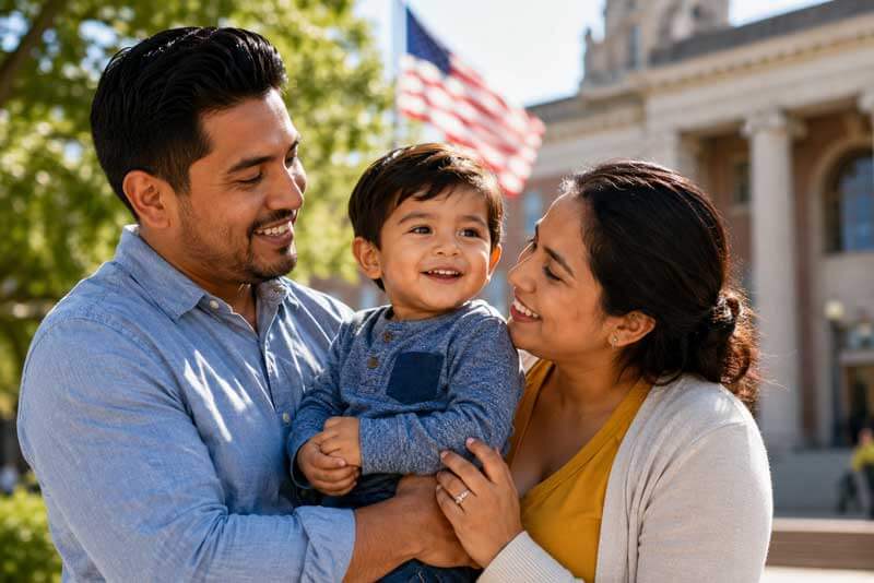 Immigrant family with a U.S.-born child standing outside a government building