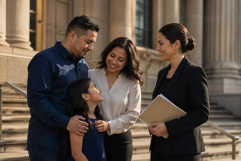 Immigrant family with their attorney after facing a deportation order