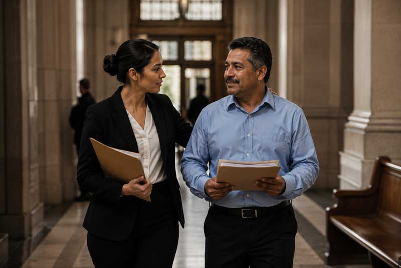 Immigration attorney assisting a client during a deportation case