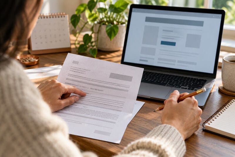 Una persona compara una carta con la información de una computadora para consultar el estado de un trámite migratorio.