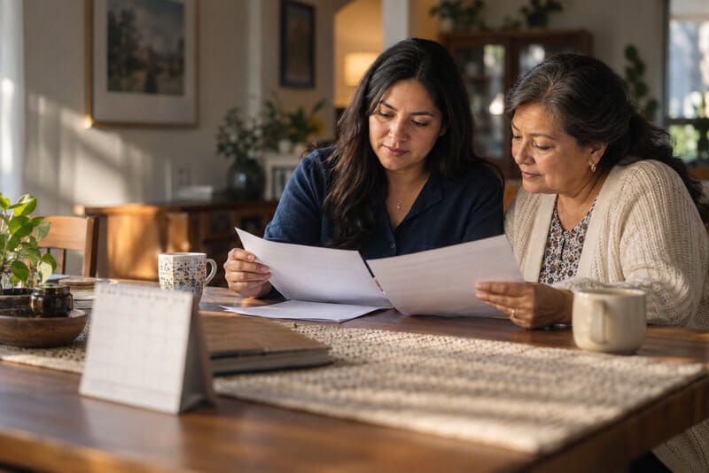 Dos mujeres de distintas generaciones revisan documentos y un calendario en casa.