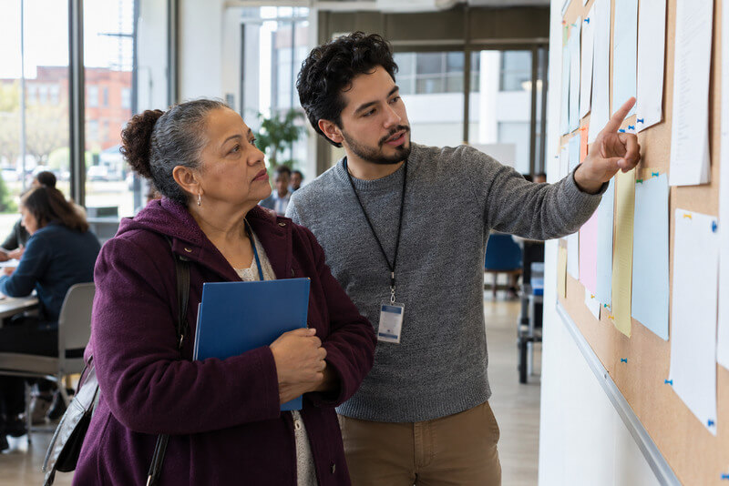 Woman reviewing information on a community center bulletin board with assistance from a staff member.