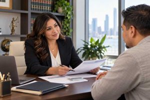 Abogada de inmigración explica la extensión del TPS a un cliente durante una consulta legal.