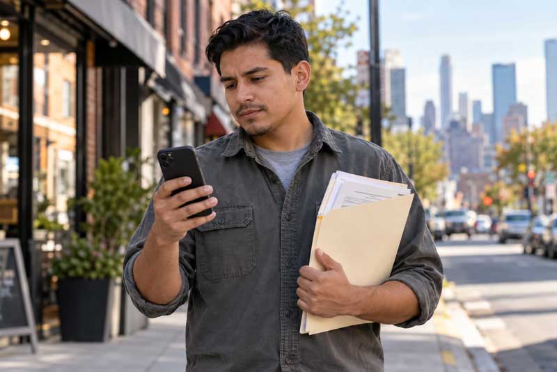 Hombre consulta en su teléfono información sobre la extensión de su permiso de trabajo por TPS.