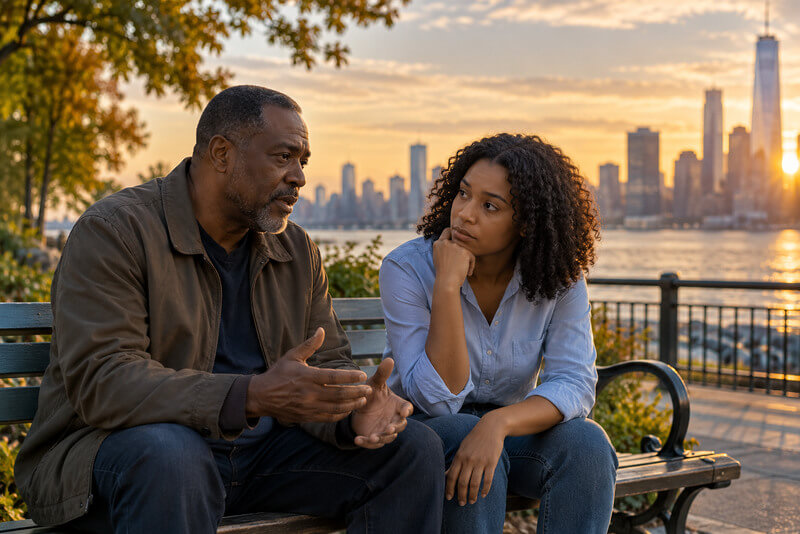 Two people discussing their future on a waterfront bench, representing immigration options after TPS ends.