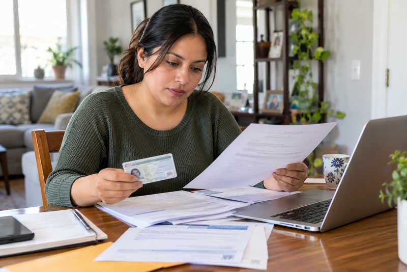 Mujer revisa sus documentos migratorios y permiso de trabajo para comprobar los requisitos de reinscripción al TPS.