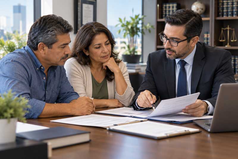 Pareja consulta con un abogado de inmigración los requisitos para renovar el TPS.