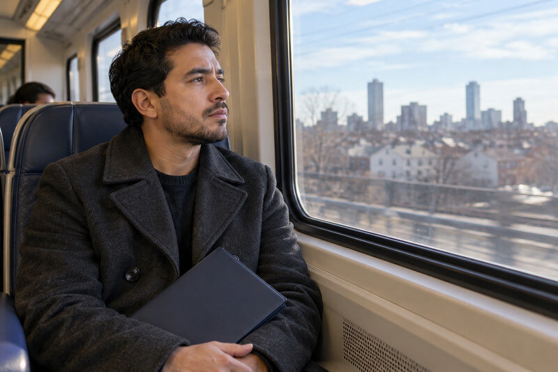 Man holding a folder while looking out of a train window, illustrating uncertainty about immigration status after TPS ends.