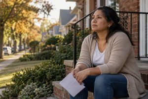 Woman holding documents outside her home, reflecting on what happens when TPS ends in New Jersey.